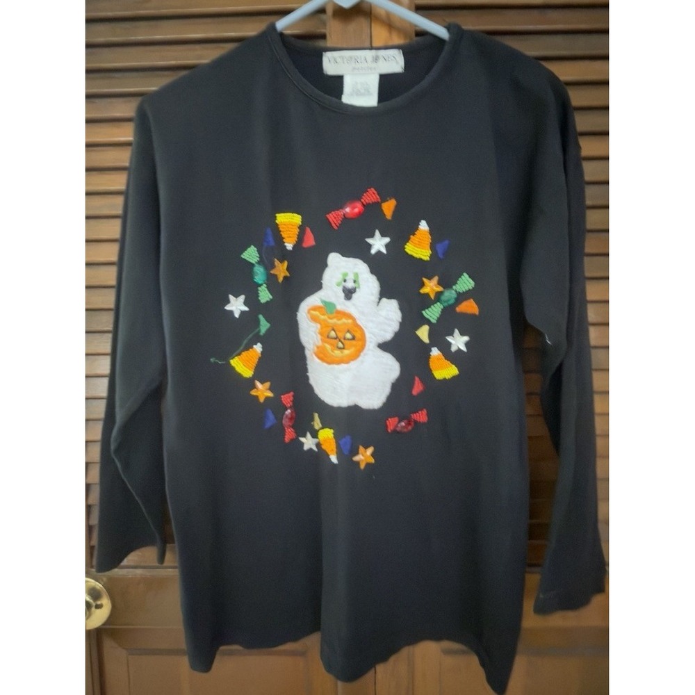 Victoria Jones Petites Halloween Top PS Black Ghost Pumpkin Candy Corn Cotton